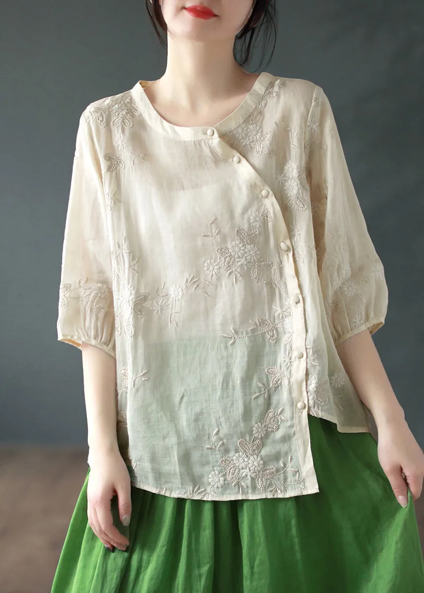 Apricot Embroideried Patchwork Linen Blouses O Neck Half Sleeve ML2293