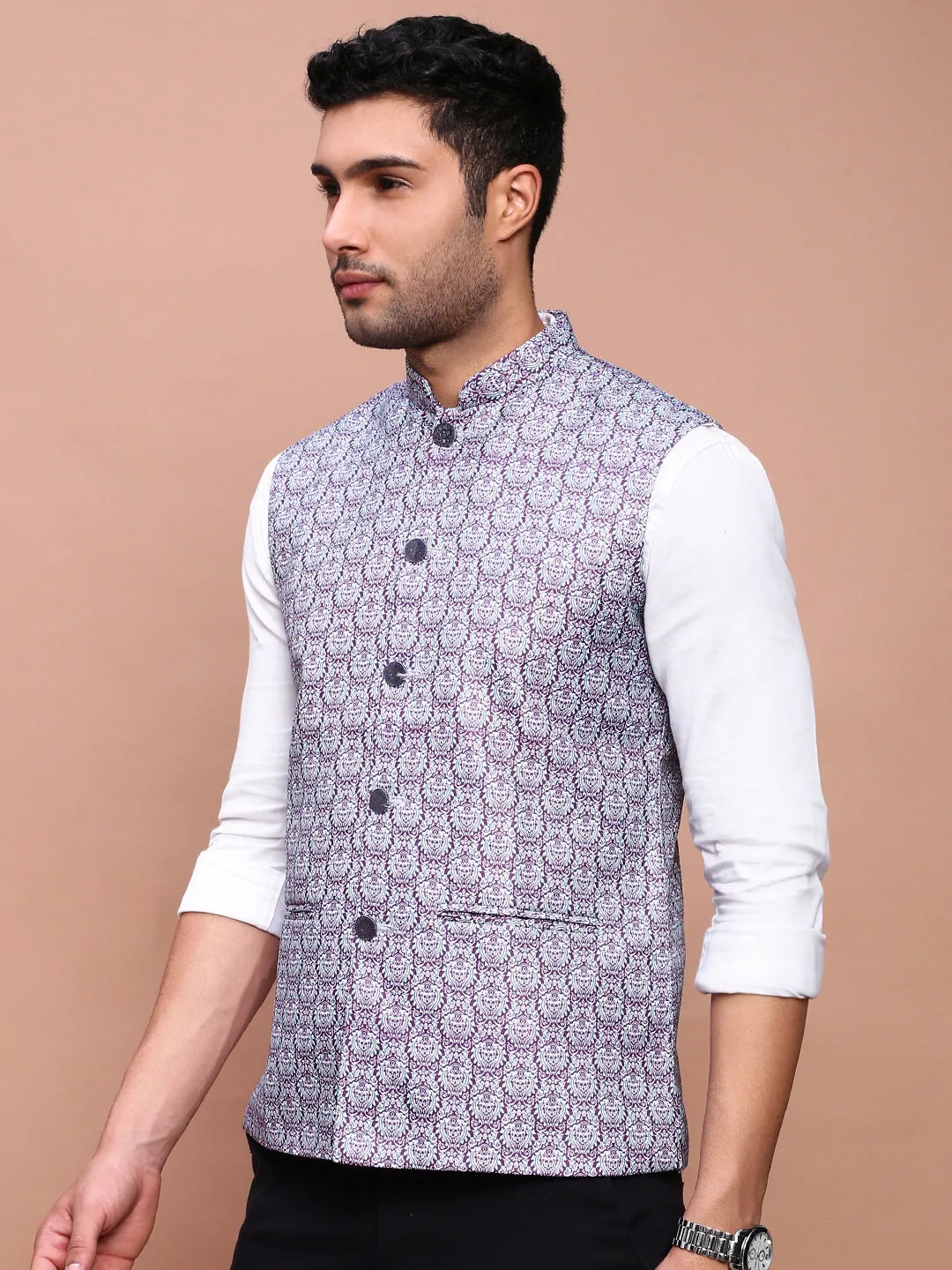 Men Printed Purple Slim Fit Nehru Jacket